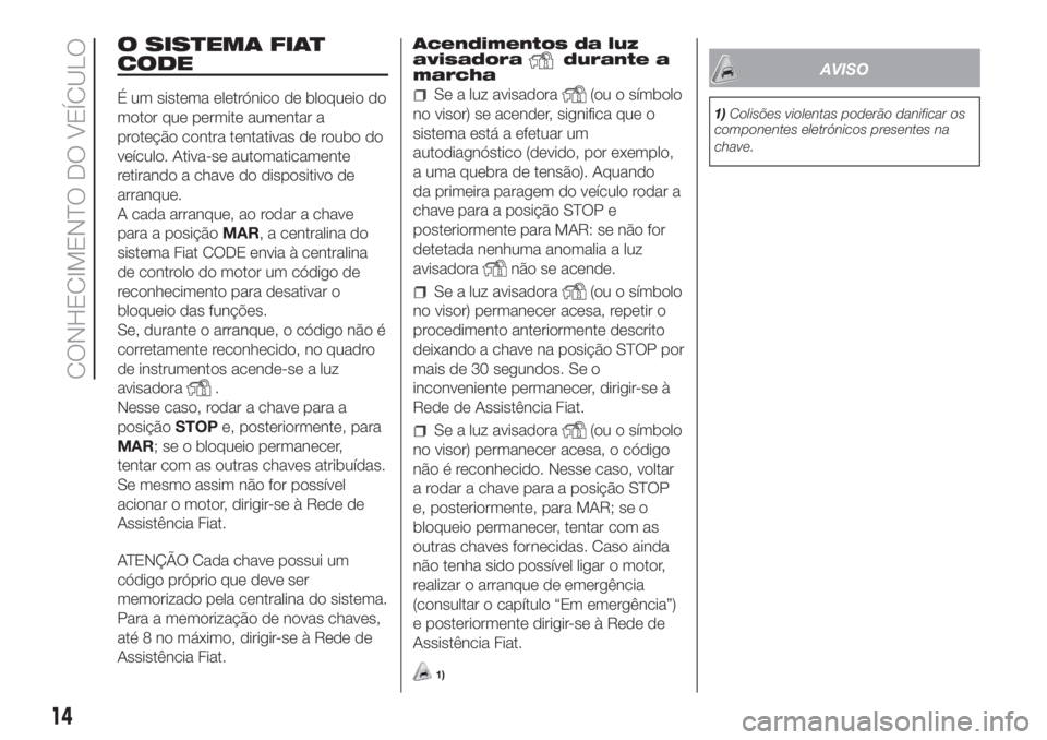FIAT FIORINO 2018 Manual de Uso e Manutenção (in Portuguese) O SISTEMA FIAT
CODE
É um sistema eletrónico de bloqueio do
motor que permite aumentar a
proteção contra tentativas de roubo do
veículo. Ativa-se automaticamente
retirando a chave do dispositivo d FIAT FIORINO 2018 Manual de Uso e Manutenção (in Portuguese) O SISTEMA FIAT
CODE
É um sistema eletrónico de bloqueio do
motor que permite aumentar a
proteção contra tentativas de roubo do
veículo. Ativa-se automaticamente
retirando a chave do dispositivo d