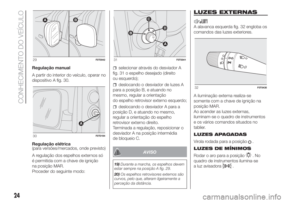 FIAT FIORINO 2018 Manual de Uso e Manutenção (in Portuguese) Regulação manual
A partir do interior do veículo, operar no
dispositivo A fig. 30.
Regulação elétrica
(para versões/mercados, onde previsto)
A regulação dos espelhos externos só
é permitida FIAT FIORINO 2018 Manual de Uso e Manutenção (in Portuguese) Regulação manual
A partir do interior do veículo, operar no
dispositivo A fig. 30.
Regulação elétrica
(para versões/mercados, onde previsto)
A regulação dos espelhos externos só
é permitida