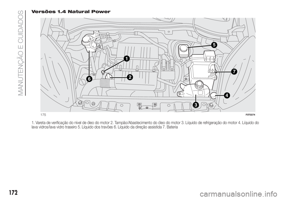 FIAT FIORINO 2019  Manual de Uso e Manutenção (in Portuguese) Versões 1.4 Natural Power
1. Vareta de verificação do nível de óleo do motor 2. Tampão/Abastecimento do óleo do motor 3. Líquido de refrigeração do motor 4. Líquido do
lava vidros/lava vidr