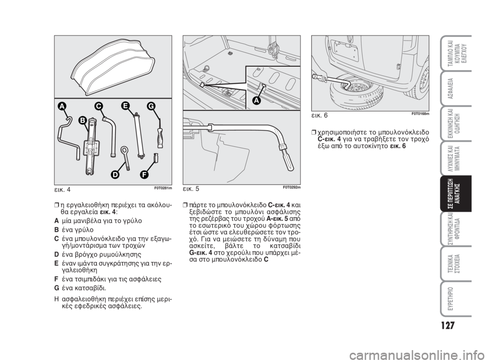FIAT FIORINO 2008  ΒΙΒΛΙΟ ΧΡΗΣΗΣ ΚΑΙ ΣΥΝΤΗΡΗΣΗΣ (in Greek) εικ. 4F0T0281m
127
ΛΥΧΝΙΕΣ ΚΑΙ
ΜΗΝΥΜΑΤΑ
ΣΥΝΤΗΡΗΣΗ ΚΑΙ
ΦΡΟΝΤΙΔΑ
ΤΕΧΝΙΚΑ
ΣΤΟΙΧΕΙΑ
ΕΥΡΕΤΗΡΙΟ
ΤΑΜΠΛΟ ΚΑΙ
ΚΟΥΜΠΙΑ
ΕΛΕΓΧ