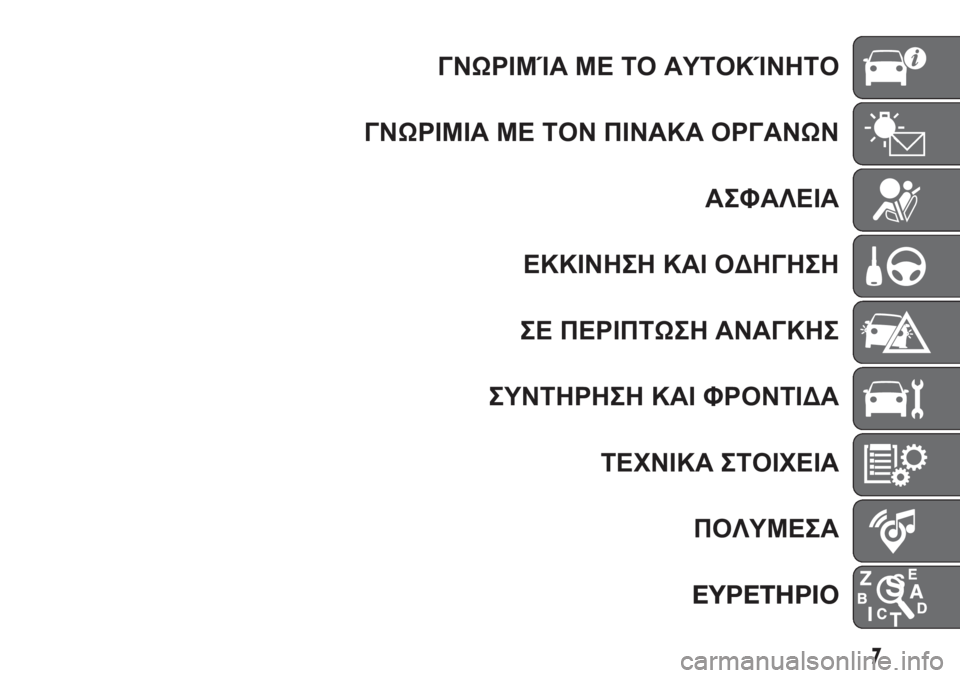 FIAT FIORINO 2018  ΒΙΒΛΙΟ ΧΡΗΣΗΣ ΚΑΙ ΣΥΝΤΗΡΗΣΗΣ (in Greek) ΓΝΩΡΙΜΊΑ ΜΕ ΤΟ ΑΥΤΟΚΊΝΗΤΟ
ΓΝΩΡΙΜΙΑ ΜΕ ΤΟΝ ΠΙΝΑΚΑ ΟΡΓΑΝΩΝ
ΑΣΦΑΛΕΙΑ
ΕΚΚΙΝΗΣΗ ΚΑΙ ΟΔΗΓΗΣΗ
ΣΕ ΠΕΡΙΠΤΩΣΗ ΑΝΑΓΚΗΣ
