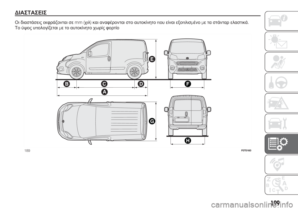 FIAT FIORINO 2019  ΒΙΒΛΙΟ ΧΡΗΣΗΣ ΚΑΙ ΣΥΝΤΗΡΗΣΗΣ (in Greek) ΔΙΑΣΤΑΣΕΙΣ
Οι διαστάσεις εκφράζονται σεmm (χιλ)και αναφέρονται στο αυτοκίνητοπου είναι εξοπλισμένομε τα στάν