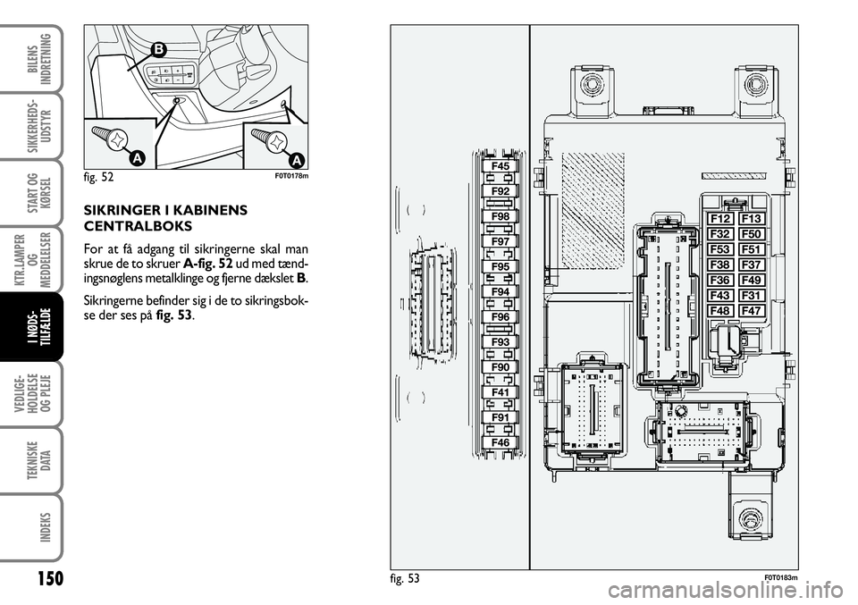 FIAT FIORINO 2008  Brugs- og vedligeholdelsesvejledning (in Danish) 150
VEDLIGE-
HOLDELSE OG PLEJE
TEKNISKE DATA
INDEKS
BILENS
INDRETNING
SIKKERHEDS- UDSTYR
START OG KØRSEL
KTR.LAMPER  OG 
MEDDELELSER
I NØDS-
TILFÆLDE
SIKRINGER I KABINENS
CENTRALBOKS
For at få adg