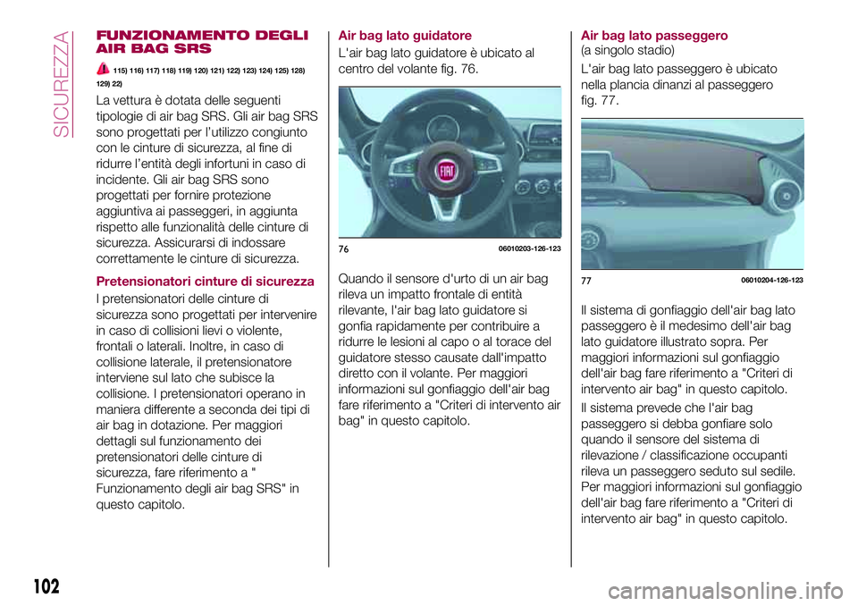 FIAT 124 SPIDER 2018  Libretto Uso Manutenzione (in Italian) FUNZIONAMENTO DEGLI
AIR BAG SRS
115) 116) 117) 118) 119) 120) 121) 122) 123) 124) 125) 128)
129) 22)
La vettura è dotata delle seguenti
tipologie di air bag SRS. Gli air bag SRS
sono progettati per l