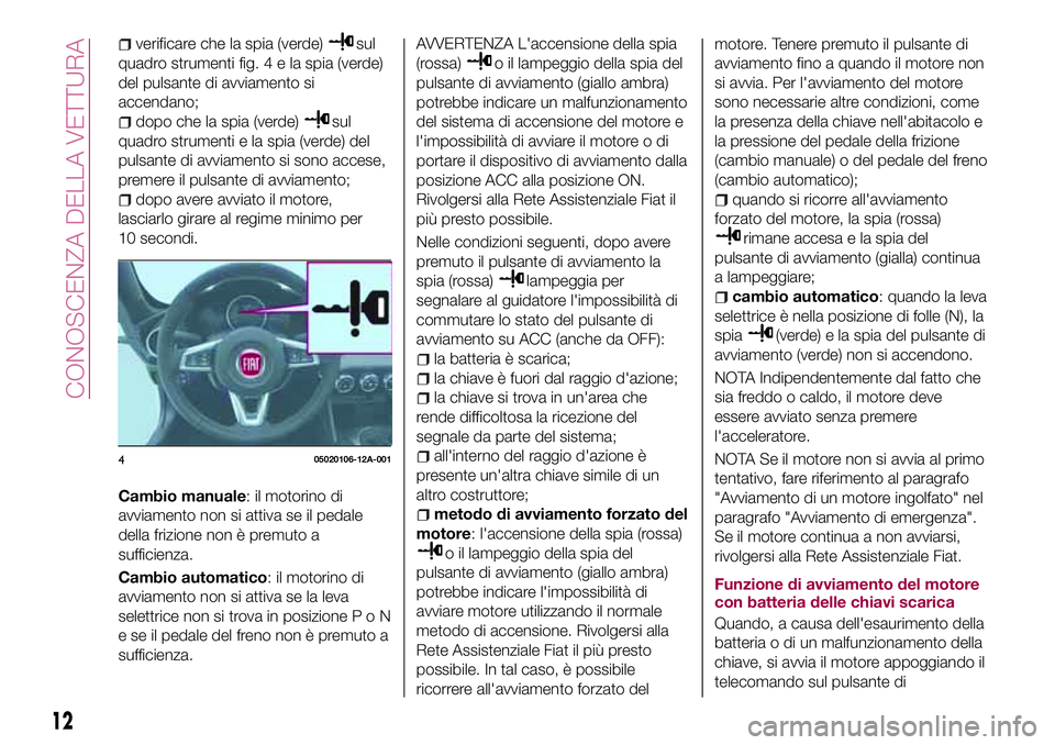 FIAT 124 SPIDER 2018  Libretto Uso Manutenzione (in Italian) verificare che la spia (verde)sul
quadro strumenti fig.4elaspia (verde)
del pulsante di avviamento si
accendano;
dopo che la spia (verde)sul
quadro strumenti e la spia (verde) del
pulsante di avviamen