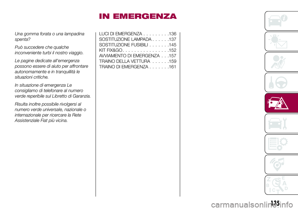 FIAT 124 SPIDER 2018  Libretto Uso Manutenzione (in Italian) IN EMERGENZA
Una gomma forata o una lampadina
spenta?
Può succedere che qualche
inconveniente turbi il nostro viaggio.
Le pagine dedicate all'emergenza
possono essere di aiuto per affrontare
auto
