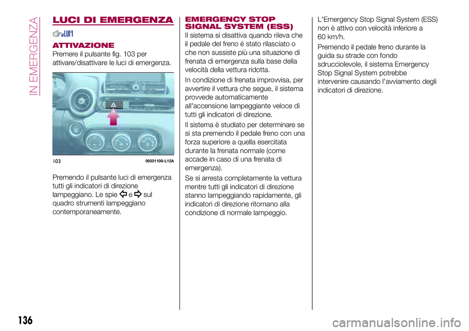 FIAT 124 SPIDER 2018  Libretto Uso Manutenzione (in Italian) LUCI DI EMERGENZA
ATTIVAZIONE
Premere il pulsante fig. 103 per
attivare/disattivare le luci di emergenza.
Premendo il pulsante luci di emergenza
tutti gli indicatori di direzione
lampeggiano. Le spie
