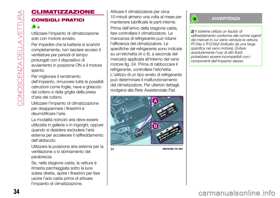 FIAT 124 SPIDER 2018  Libretto Uso Manutenzione (in Italian) CLIMATIZZAZIONE
CONSIGLI PRATICI
2)
Utilizzare l'impianto di climatizzazione
solo con motore avviato.
Per impedire che la batteria si scarichi
completamente, non lasciare acceso il
ventilatore per