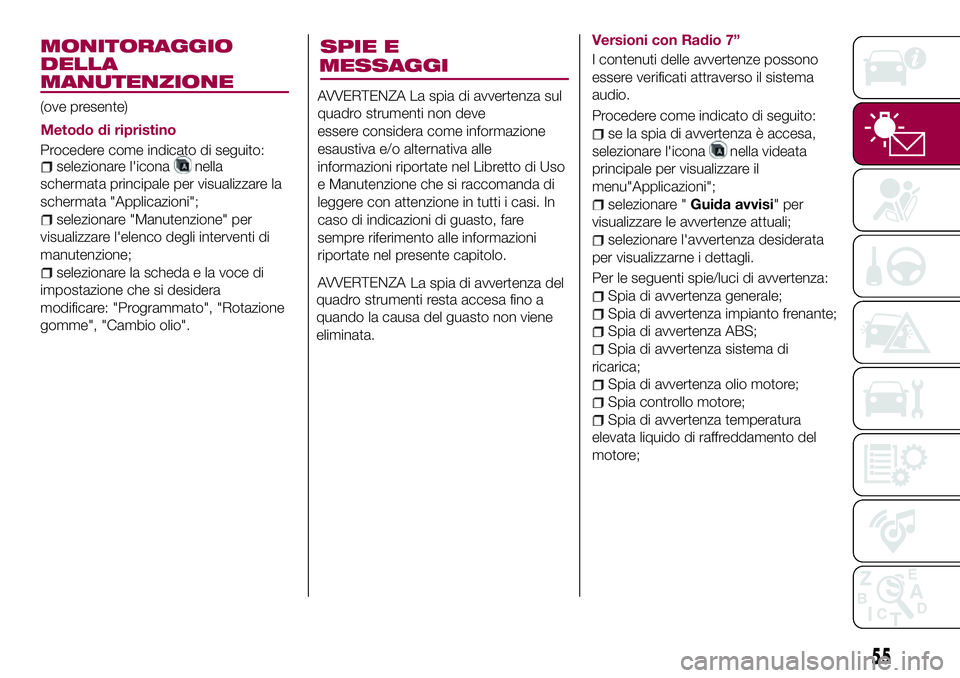 FIAT 124 SPIDER 2018  Libretto Uso Manutenzione (in Italian) AVVERTENZA La spia di avvertenza sul
quadro strumenti non deve
essere considera come informazione
esaustiva e/o alternativa alle
informazioni riportate nel Libretto di Uso
e Manutenzione che si raccom