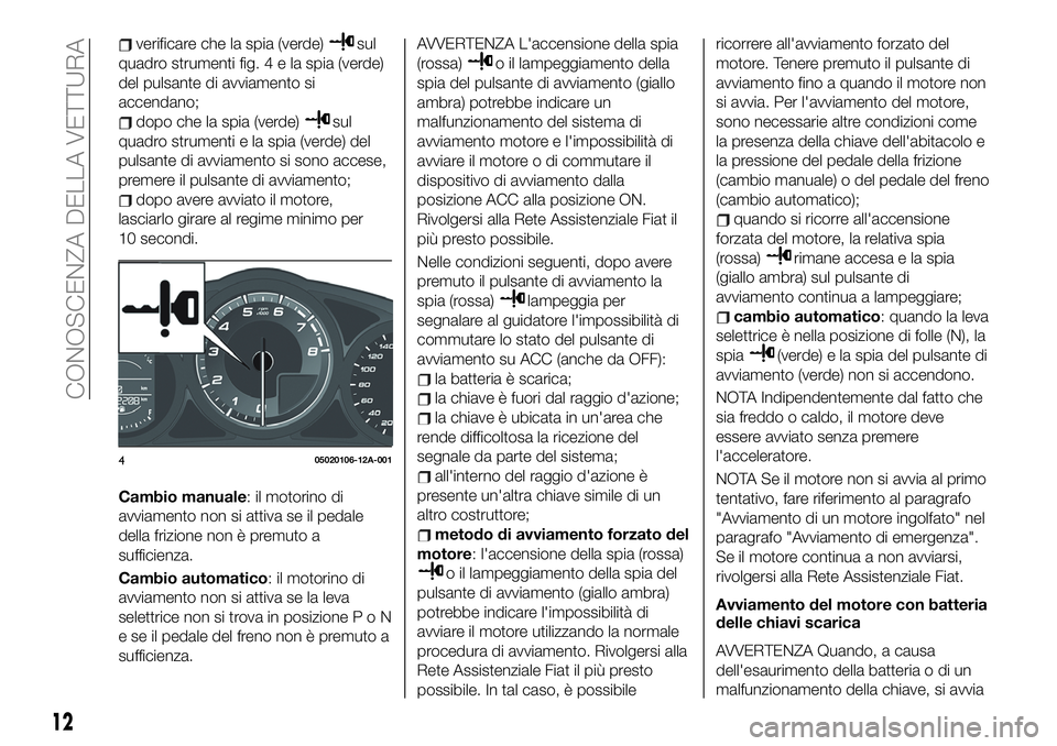 FIAT 124 SPIDER 2021 Libretto Uso Manutenzione (in Italian) verificare che la spia (verde)sul
quadro strumenti fig.4elaspia (verde)
del pulsante di avviamento si
accendano;
dopo che la spia (verde)sul
quadro strumenti e la spia (verde) del
pulsante di avviamen FIAT 124 SPIDER 2021 Libretto Uso Manutenzione (in Italian) verificare che la spia (verde)sul
quadro strumenti fig.4elaspia (verde)
del pulsante di avviamento si
accendano;
dopo che la spia (verde)sul
quadro strumenti e la spia (verde) del
pulsante di avviamen