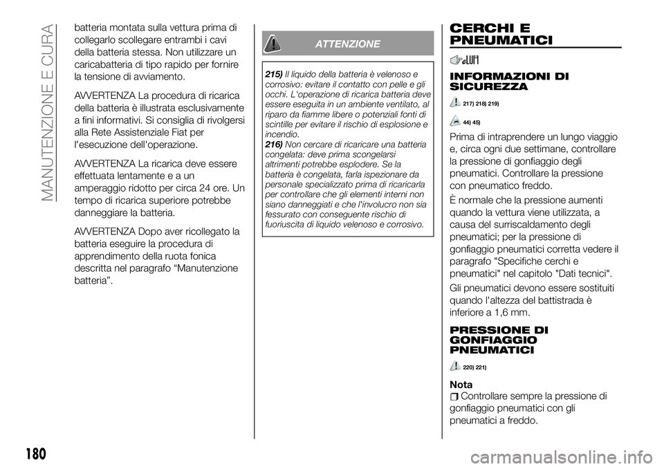 FIAT 124 SPIDER 2021 Libretto Uso Manutenzione (in Italian) batteria montata sulla vettura prima di
collegarlo scollegare entrambi i cavi
della batteria stessa. Non utilizzare un
caricabatteria di tipo rapido per fornire
la tensione di avviamento.
AVVERTENZA L FIAT 124 SPIDER 2021 Libretto Uso Manutenzione (in Italian) batteria montata sulla vettura prima di
collegarlo scollegare entrambi i cavi
della batteria stessa. Non utilizzare un
caricabatteria di tipo rapido per fornire
la tensione di avviamento.
AVVERTENZA L
