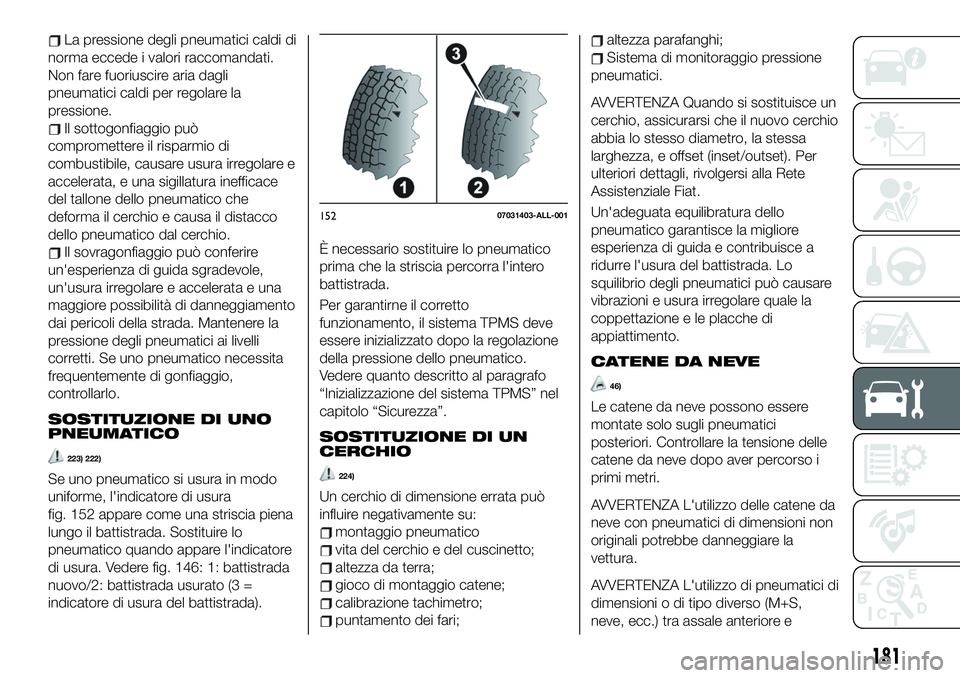 FIAT 124 SPIDER 2021 Libretto Uso Manutenzione (in Italian) La pressione degli pneumatici caldi di
norma eccede i valori raccomandati.
Non fare fuoriuscire aria dagli
pneumatici caldi per regolare la
pressione.
Il sottogonfiaggio può
compromettere il risparmi FIAT 124 SPIDER 2021 Libretto Uso Manutenzione (in Italian) La pressione degli pneumatici caldi di
norma eccede i valori raccomandati.
Non fare fuoriuscire aria dagli
pneumatici caldi per regolare la
pressione.
Il sottogonfiaggio può
compromettere il risparmi