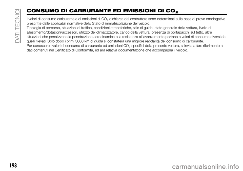FIAT 124 SPIDER 2021 Libretto Uso Manutenzione (in Italian) 198
DATI TECNICI
CONSUMO DI CARBURANTE ED EMISSIONI DI CO2
I valori di consumo carburante e di emissioni di CO2dichiarati dal costruttore sono determinati sulla base di prove omologative
prescritte da FIAT 124 SPIDER 2021 Libretto Uso Manutenzione (in Italian) 198
DATI TECNICI
CONSUMO DI CARBURANTE ED EMISSIONI DI CO2
I valori di consumo carburante e di emissioni di CO2dichiarati dal costruttore sono determinati sulla base di prove omologative
prescritte da