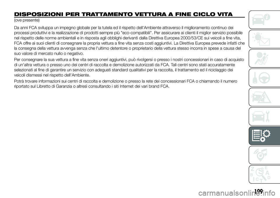 FIAT 124 SPIDER 2021 Libretto Uso Manutenzione (in Italian) 199
DISPOSIZIONI PER TRATTAMENTO VETTURA A FINE CICLO VITA
(ove presente)
Da anni FCA sviluppa un impegno globale per la tutela ed il rispetto dell'Ambiente attraverso il miglioramento continuo de FIAT 124 SPIDER 2021 Libretto Uso Manutenzione (in Italian) 199
DISPOSIZIONI PER TRATTAMENTO VETTURA A FINE CICLO VITA
(ove presente)
Da anni FCA sviluppa un impegno globale per la tutela ed il rispetto dell'Ambiente attraverso il miglioramento continuo de