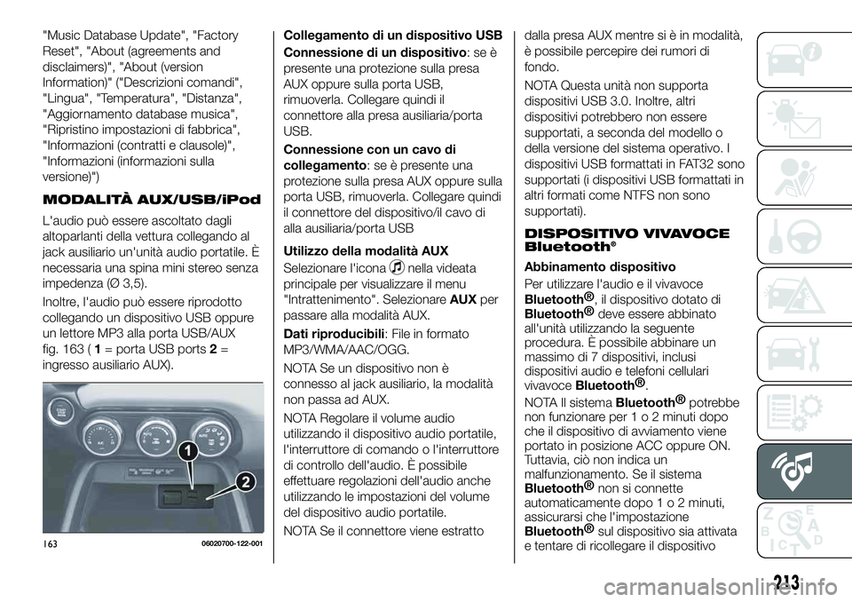 FIAT 124 SPIDER 2021 Libretto Uso Manutenzione (in Italian) "Music Database Update", "Factory
Reset", "About (agreements and
disclaimers)", "About (version
Information)" ("Descrizioni comandi",
"Lingua", "Tem FIAT 124 SPIDER 2021 Libretto Uso Manutenzione (in Italian) "Music Database Update", "Factory
Reset", "About (agreements and
disclaimers)", "About (version
Information)" ("Descrizioni comandi",
"Lingua", "Tem