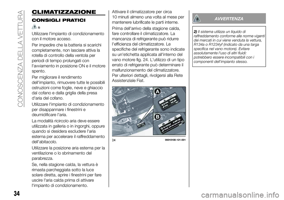 FIAT 124 SPIDER 2021 Libretto Uso Manutenzione (in Italian) CLIMATIZZAZIONE
CONSIGLI PRATICI
2)
Utilizzare l'impianto di condizionamento
con il motore acceso.
Per impedire che la batteria si scarichi
completamente, non lasciare attiva la
rotella di control FIAT 124 SPIDER 2021 Libretto Uso Manutenzione (in Italian) CLIMATIZZAZIONE
CONSIGLI PRATICI
2)
Utilizzare l'impianto di condizionamento
con il motore acceso.
Per impedire che la batteria si scarichi
completamente, non lasciare attiva la
rotella di control