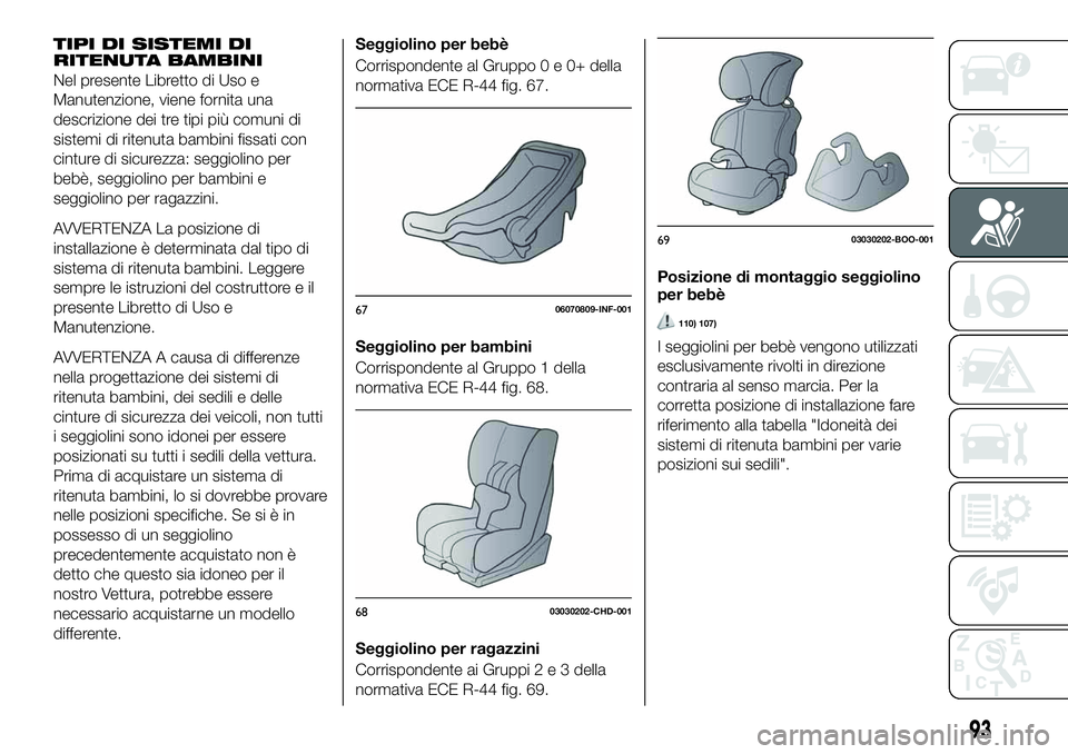 FIAT 124 SPIDER 2021 Libretto Uso Manutenzione (in Italian) TIPI DI SISTEMI DI
RITENUTA BAMBINI
Nel presente Libretto di Uso e
Manutenzione, viene fornita una
descrizione dei tre tipi più comuni di
sistemi di ritenuta bambini fissati con
cinture di sicurezza: FIAT 124 SPIDER 2021 Libretto Uso Manutenzione (in Italian) TIPI DI SISTEMI DI
RITENUTA BAMBINI
Nel presente Libretto di Uso e
Manutenzione, viene fornita una
descrizione dei tre tipi più comuni di
sistemi di ritenuta bambini fissati con
cinture di sicurezza: