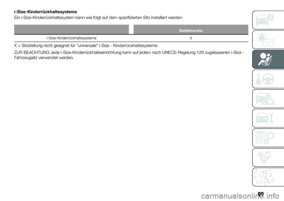 FIAT 124 SPIDER 2021  Betriebsanleitung (in German) i-Size-Kinderrückhaltesysteme
Ein i-Size-Kinderrückhaltesystem kann wie folgt auf dem spezifizierten Sitz installiert werden:
Beifahrersitz
i-Size-Kinderrückhaltesysteme X
X = Sitzstellung nicht ge