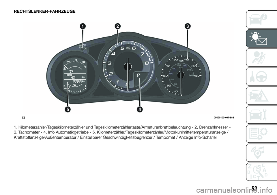 FIAT 124 SPIDER 2021  Betriebsanleitung (in German) RECHTSLENKER-FAHRZEUGE
1. Kilometerzähler/Tageskilometerzähler und Tageskilometerzählertaste/Armaturenbrettbeleuchtung - 2. Drehzahlmesser -
3. Tachometer - 4. Info Automatikgetriebe - 5. Kilometer