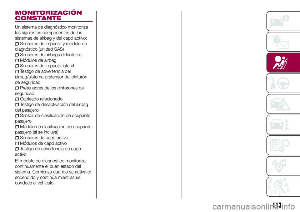 FIAT 124 SPIDER 2018  Manual de Empleo y Cuidado (in Spanish) MONITORIZACIÓN
CONSTANTE
Un sistema de diagnóstico monitoriza
los siguientes componentes de los
sistemas de airbag y del capó activo:
Sensores de impacto y módulo de
diagnóstico (unidad SAS)
Sens