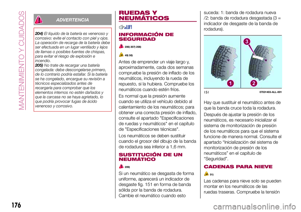 FIAT 124 SPIDER 2018  Manual de Empleo y Cuidado (in Spanish) ADVERTENCIA
204)El líquido de la batería es venenoso y
corrosivo: evite el contacto con piel y ojos.
La operación de recarga de la batería debe
ser efectuada en un lugar ventilado y lejos
de llama