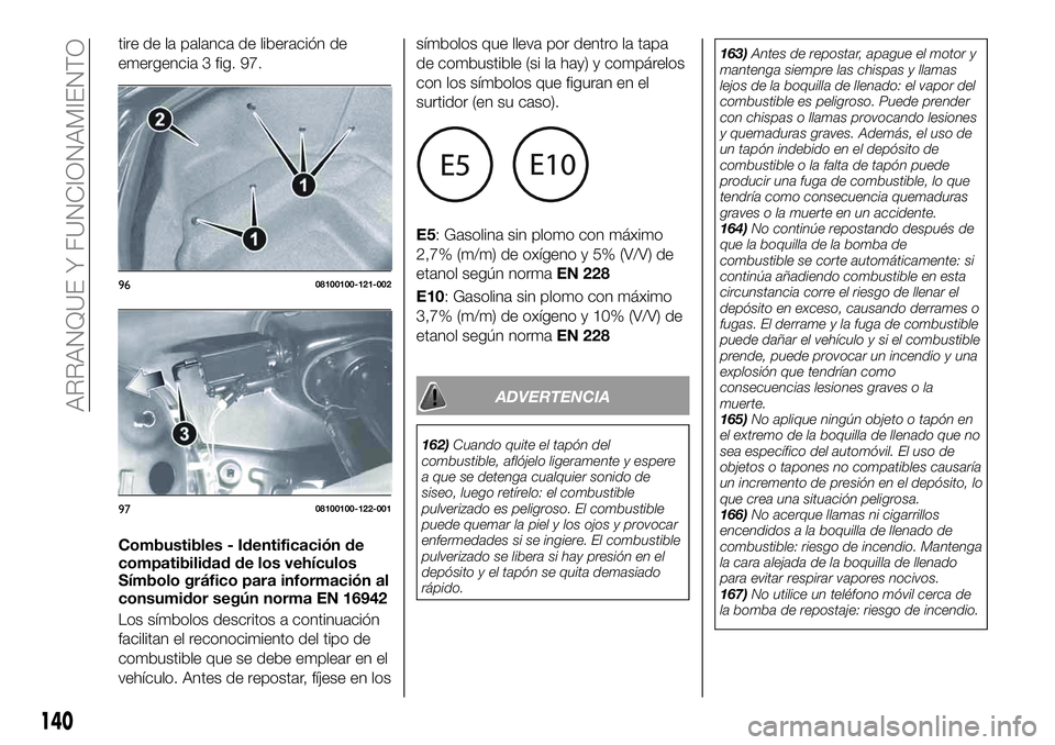 FIAT 124 SPIDER 2020 Manual de Empleo y Cuidado (in Spanish) tire de la palanca de liberación de
emergencia 3 fig. 97.
Combustibles - Identificación de
compatibilidad de los vehículos
Símbolo gráfico para información al
consumidor según norma EN 16942
Lo FIAT 124 SPIDER 2020 Manual de Empleo y Cuidado (in Spanish) tire de la palanca de liberación de
emergencia 3 fig. 97.
Combustibles - Identificación de
compatibilidad de los vehículos
Símbolo gráfico para información al
consumidor según norma EN 16942
Lo