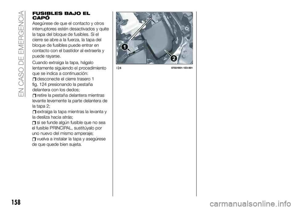 FIAT 124 SPIDER 2020  Manual de Empleo y Cuidado (in Spanish) 158
EN CASO DE EMERGENCIA
FUSIBLES BAJO EL
CAPÓ
Asegúrese de que el contacto y otros
interruptores estén desactivados y quite
la tapa del bloque de fusibles. Si el
cierre se abre a la fuerza, la ta