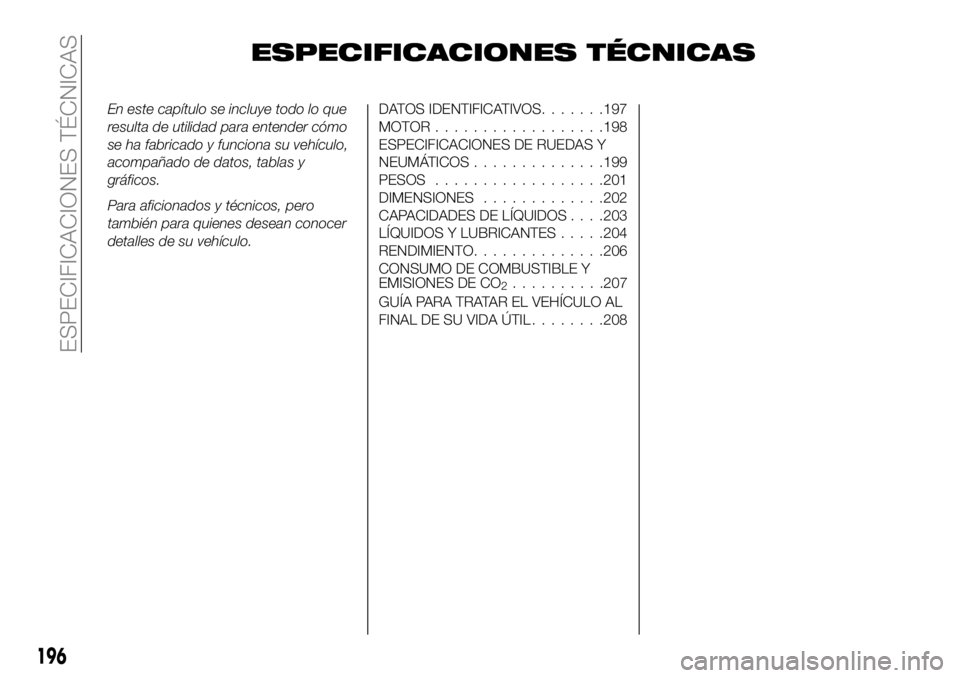 FIAT 124 SPIDER 2020  Manual de Empleo y Cuidado (in Spanish) ESPECIFICACIONES TÉCNICAS
En este capítulo se incluye todo lo que
resulta de utilidad para entender cómo
se ha fabricado y funciona su vehículo,
acompañado de datos, tablas y
gráficos.
Para afic
