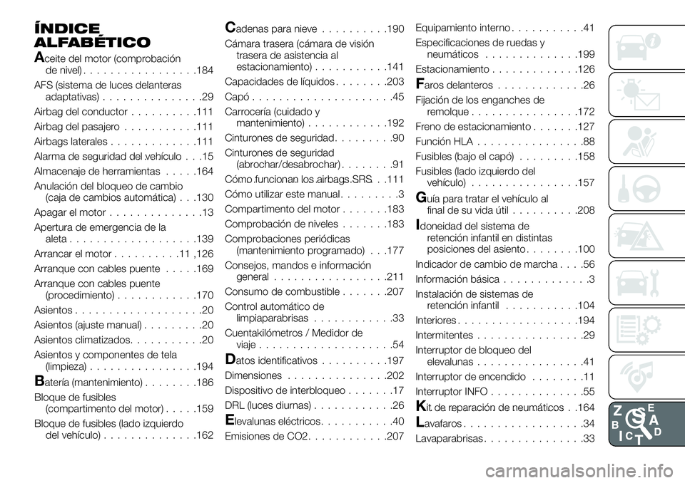 FIAT 124 SPIDER 2020  Manual de Empleo y Cuidado (in Spanish) ÍNDICE
ALFABÉTICO
Aceite del motor (comprobación
de nivel).................184
AFS (sistema de luces delanteras
adaptativas)...............29
Airbag del conductor..........111
Airbag del pasajero..