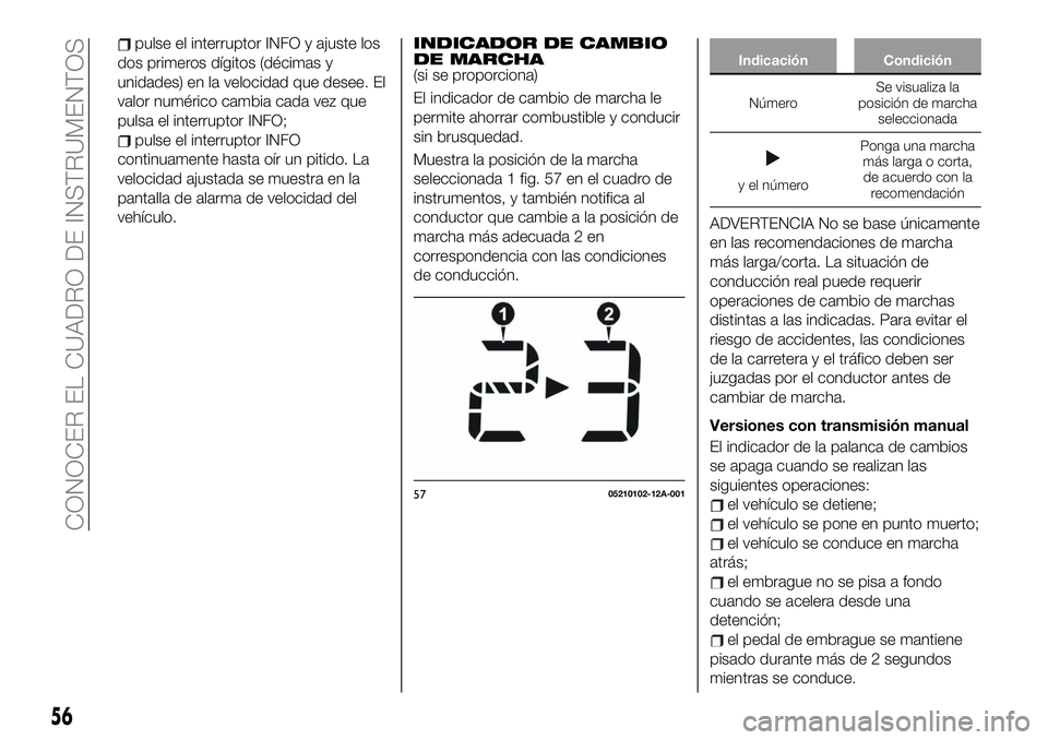 FIAT 124 SPIDER 2020 Manual de Empleo y Cuidado (in Spanish) pulse el interruptor INFO y ajuste los
dos primeros dígitos (décimas y
unidades) en la velocidad que desee. El
valor numérico cambia cada vez que
pulsa el interruptor INFO;
pulse el interruptor INF FIAT 124 SPIDER 2020 Manual de Empleo y Cuidado (in Spanish) pulse el interruptor INFO y ajuste los
dos primeros dígitos (décimas y
unidades) en la velocidad que desee. El
valor numérico cambia cada vez que
pulsa el interruptor INFO;
pulse el interruptor INF