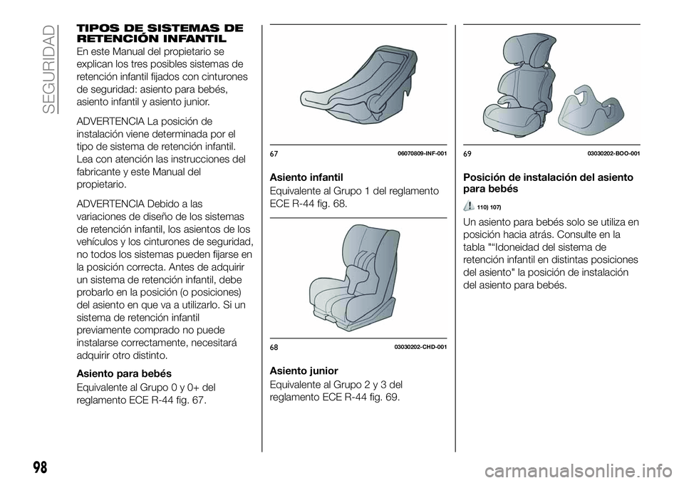 FIAT 124 SPIDER 2020 Manual de Empleo y Cuidado (in Spanish) TIPOS DE SISTEMAS DE
RETENCIÓN INFANTIL
En este Manual del propietario se
explican los tres posibles sistemas de
retención infantil fijados con cinturones
de seguridad: asiento para bebés,
asiento FIAT 124 SPIDER 2020 Manual de Empleo y Cuidado (in Spanish) TIPOS DE SISTEMAS DE
RETENCIÓN INFANTIL
En este Manual del propietario se
explican los tres posibles sistemas de
retención infantil fijados con cinturones
de seguridad: asiento para bebés,
asiento