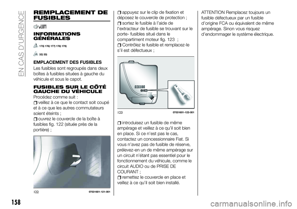 FIAT 124 SPIDER 2021  Notice dentretien (in French) 158
EN CAS D’URGENCE
ATTENTION Remplacez toujours un
fusible défectueux par un fusible
d’origine FCA ou équivalent de même
ampérage. Sinon vous risquez
d’endommager le système électrique.R