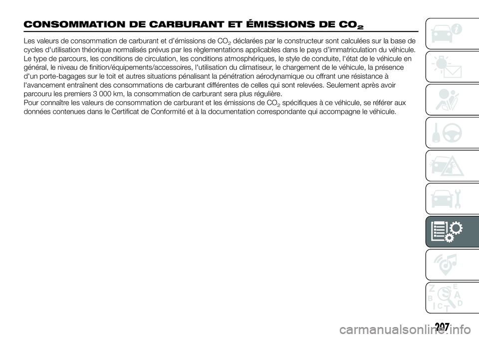 FIAT 124 SPIDER 2021 Notice dentretien (in French) 207
CONSOMMATION DE CARBURANT ET ÉMISSIONS DE CO2
Les valeurs de consommation de carburant et d’émissions de CO2déclarées par le constructeur sont calculées sur la base de
cycles d'utilisat FIAT 124 SPIDER 2021 Notice dentretien (in French) 207
CONSOMMATION DE CARBURANT ET ÉMISSIONS DE CO2
Les valeurs de consommation de carburant et d’émissions de CO2déclarées par le constructeur sont calculées sur la base de
cycles d'utilisat