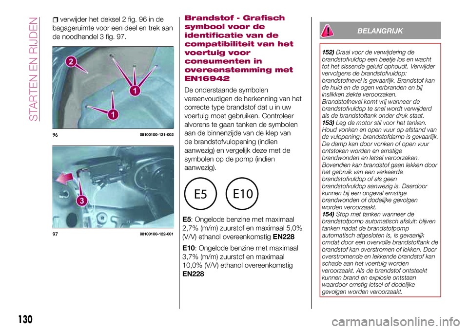 FIAT 124 SPIDER 2018  Instructieboek (in Dutch) verwijder het deksel 2 fig. 96 in de
bagageruimte voor een deel en trek aan
de noodhendel 3 fig. 97.
BELANGRIJK
152)Draai voor de verwijdering de
brandstofvuldop een beetje los en wacht
tot het sissen
