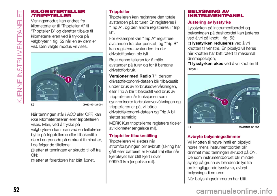 FIAT 124 SPIDER 2018 Drift- og vedlikeholdshåndbok (in Norwegian) KILOMETERTELLER
/TRIPPTELLER
Visningsmodus kan endres fra
kilometerteller til “Trippteller A” til
“Trippteller B” og deretter tilbake til
kilometertelleren ved å trykke på
valgbryter 1 fig. FIAT 124 SPIDER 2018 Drift- og vedlikeholdshåndbok (in Norwegian) KILOMETERTELLER
/TRIPPTELLER
Visningsmodus kan endres fra
kilometerteller til “Trippteller A” til
“Trippteller B” og deretter tilbake til
kilometertelleren ved å trykke på
valgbryter 1 fig.