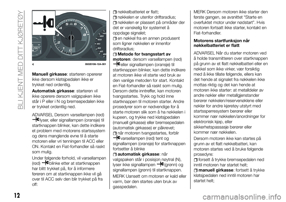 FIAT 124 SPIDER 2021 Drift- og vedlikeholdshåndbok (in Norwegian) Manuell girkasse: starteren opererer
ikke dersom kløtsjpedalen ikke er
trykket ned ordentlig.
Automatisk girkasse: starteren vil
ikke operere dersom valgspaken ikke
står i P elleriNogbremsepedalen i FIAT 124 SPIDER 2021 Drift- og vedlikeholdshåndbok (in Norwegian) Manuell girkasse: starteren opererer
ikke dersom kløtsjpedalen ikke er
trykket ned ordentlig.
Automatisk girkasse: starteren vil
ikke operere dersom valgspaken ikke
står i P elleriNogbremsepedalen i