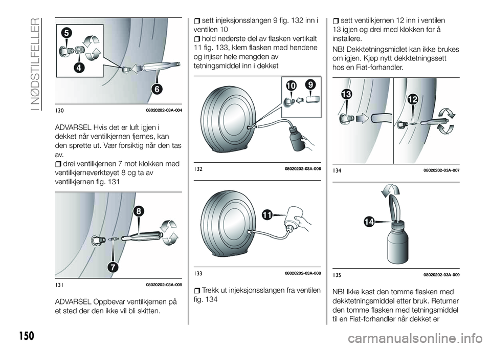 FIAT 124 SPIDER 2021 Drift- og vedlikeholdshåndbok (in Norwegian) ADVARSEL Hvis det er luft igjen i
dekket når ventilkjernen fjernes, kan
den sprette ut. Vær forsiktig når den tas
av.
drei ventilkjernen 7 mot klokken med
ventilkjerneverktøyet 8 og ta av
ventilkj FIAT 124 SPIDER 2021 Drift- og vedlikeholdshåndbok (in Norwegian) ADVARSEL Hvis det er luft igjen i
dekket når ventilkjernen fjernes, kan
den sprette ut. Vær forsiktig når den tas
av.
drei ventilkjernen 7 mot klokken med
ventilkjerneverktøyet 8 og ta av
ventilkj