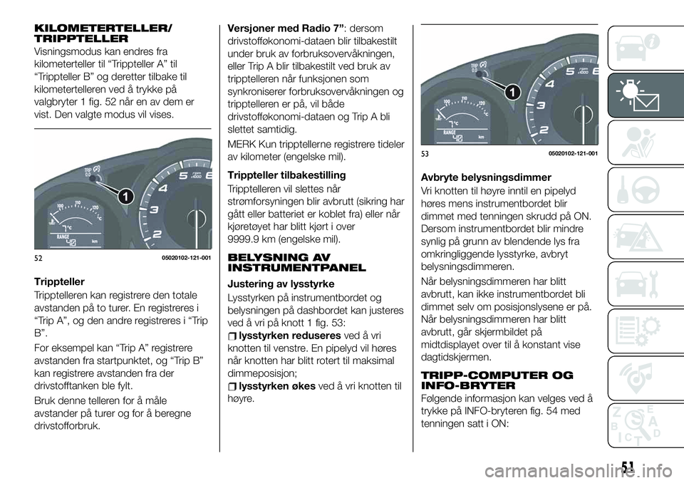 FIAT 124 SPIDER 2021 Drift- og vedlikeholdshåndbok (in Norwegian) KILOMETERTELLER/
TRIPPTELLER
Visningsmodus kan endres fra
kilometerteller til “Trippteller A” til
“Trippteller B” og deretter tilbake til
kilometertelleren ved å trykke på
valgbryter 1 fig. FIAT 124 SPIDER 2021 Drift- og vedlikeholdshåndbok (in Norwegian) KILOMETERTELLER/
TRIPPTELLER
Visningsmodus kan endres fra
kilometerteller til “Trippteller A” til
“Trippteller B” og deretter tilbake til
kilometertelleren ved å trykke på
valgbryter 1 fig.