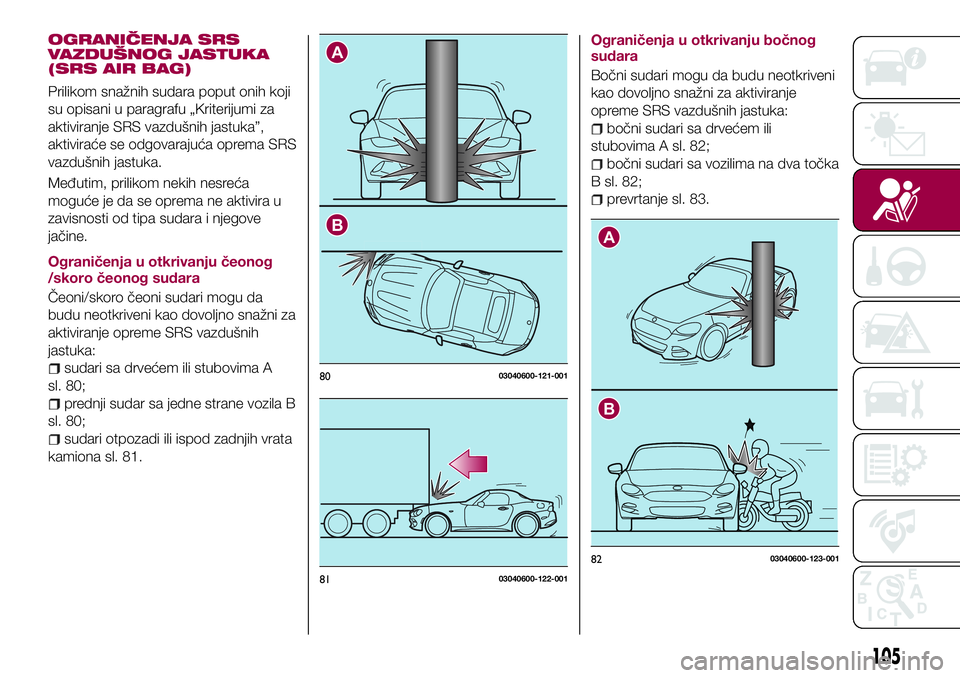 FIAT 124 SPIDER 2018  Knjižica za upotrebu i održavanje (in Serbian) OGRANIČENJA SRS
VAZDUŠNOG JASTUKA
(SRS AIR BAG)
Prilikom snažnih sudara poput onih koji
su opisani u paragrafu „Kriterijumi za
aktiviranje SRS vazdušnih jastuka”,
aktiviraće se odgovarajuća 