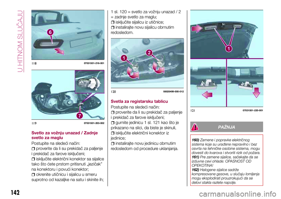 FIAT 124 SPIDER 2018 Knjižica za upotrebu i održavanje (in Serbian) Svetlo za vožnju unazad / Zadnje
svetlo za maglu
Postupite na sledeći način:
proverite da li su prekidač za paljenje
i prekidač za farove isključeni;
isključite električni konektor sa sijalice FIAT 124 SPIDER 2018 Knjižica za upotrebu i održavanje (in Serbian) Svetlo za vožnju unazad / Zadnje
svetlo za maglu
Postupite na sledeći način:
proverite da li su prekidač za paljenje
i prekidač za farove isključeni;
isključite električni konektor sa sijalice