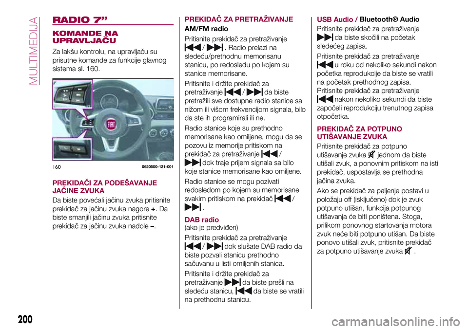 FIAT 124 SPIDER 2018 Knjižica za upotrebu i održavanje (in Serbian) RADIO 7”
KOMANDE NA
UPRAVLJAČU
Za lakšu kontrolu, na upravljaču su
prisutne komande za funkcije glavnog
sistema sl. 160.
PREKIDAČI ZA PODEŠAVANJE
JAČINE ZVUKA
Da biste povećali jačinu zvuka FIAT 124 SPIDER 2018 Knjižica za upotrebu i održavanje (in Serbian) RADIO 7”
KOMANDE NA
UPRAVLJAČU
Za lakšu kontrolu, na upravljaču su
prisutne komande za funkcije glavnog
sistema sl. 160.
PREKIDAČI ZA PODEŠAVANJE
JAČINE ZVUKA
Da biste povećali jačinu zvuka