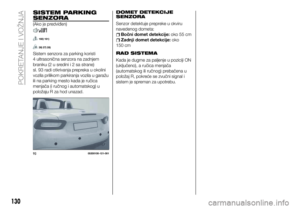 FIAT 124 SPIDER 2021  Knjižica za upotrebu i održavanje (in Serbian) SISTEM PARKING
SENZORA
(Ako je predviđen)
160) 161)
26) 27) 28)
Sistem senzora za parking koristi
4 ultrasonična senzora na zadnjem
braniku (2 u sredinii2sastrane)
sl. 93 radi otkrivanja prepreka u 