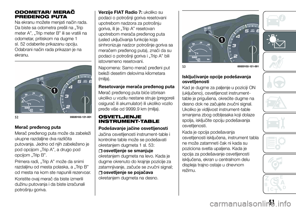 FIAT 124 SPIDER 2021 Knjižica za upotrebu i održavanje (in Serbian) ODOMETAR/ MERAČ
PREĐENOG PUTA
Na ekranu možete menjati način rada.
Da biste sa odometra prešli na „Trip
meter A”, „Trip meter B” ili se vratili na
odometar, pritiskom na dugme 1
sl. 52 od FIAT 124 SPIDER 2021 Knjižica za upotrebu i održavanje (in Serbian) ODOMETAR/ MERAČ
PREĐENOG PUTA
Na ekranu možete menjati način rada.
Da biste sa odometra prešli na „Trip
meter A”, „Trip meter B” ili se vratili na
odometar, pritiskom na dugme 1
sl. 52 od
