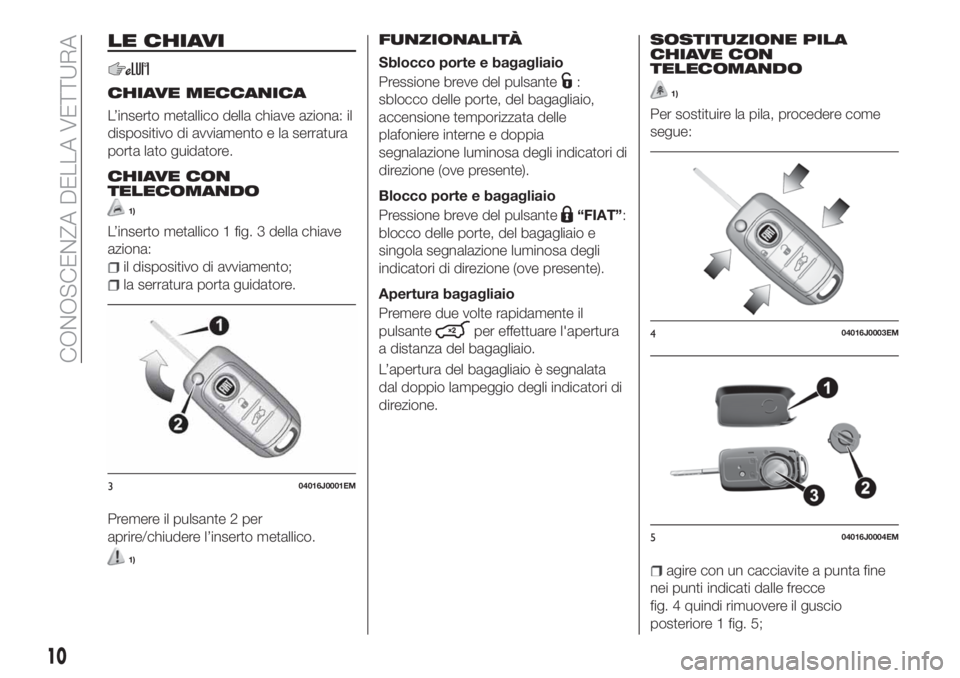 FIAT TIPO 5DOORS STATION WAGON 2018 Libretto Uso Manutenzione (in Italian) LE CHIAVI
CHIAVE MECCANICA
L’inserto metallico della chiave aziona: il
dispositivo di avviamento e la serratura
porta lato guidatore.
CHIAVE CON
TELECOMANDO
1)
L’inserto metallico 1 fig. 3 della c FIAT TIPO 5DOORS STATION WAGON 2018 Libretto Uso Manutenzione (in Italian) LE CHIAVI
CHIAVE MECCANICA
L’inserto metallico della chiave aziona: il
dispositivo di avviamento e la serratura
porta lato guidatore.
CHIAVE CON
TELECOMANDO
1)
L’inserto metallico 1 fig. 3 della c