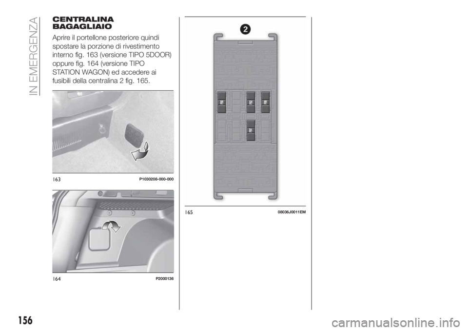 FIAT TIPO 5DOORS STATION WAGON 2018  Libretto Uso Manutenzione (in Italian) CENTRALINA
BAGAGLIAIO
Aprire il portellone posteriore quindi
spostare la porzione di rivestimento
interno fig. 163 (versione TIPO 5DOOR)
oppure fig. 164 (versione TIPO
STATION WAGON) ed accedere ai
fu
