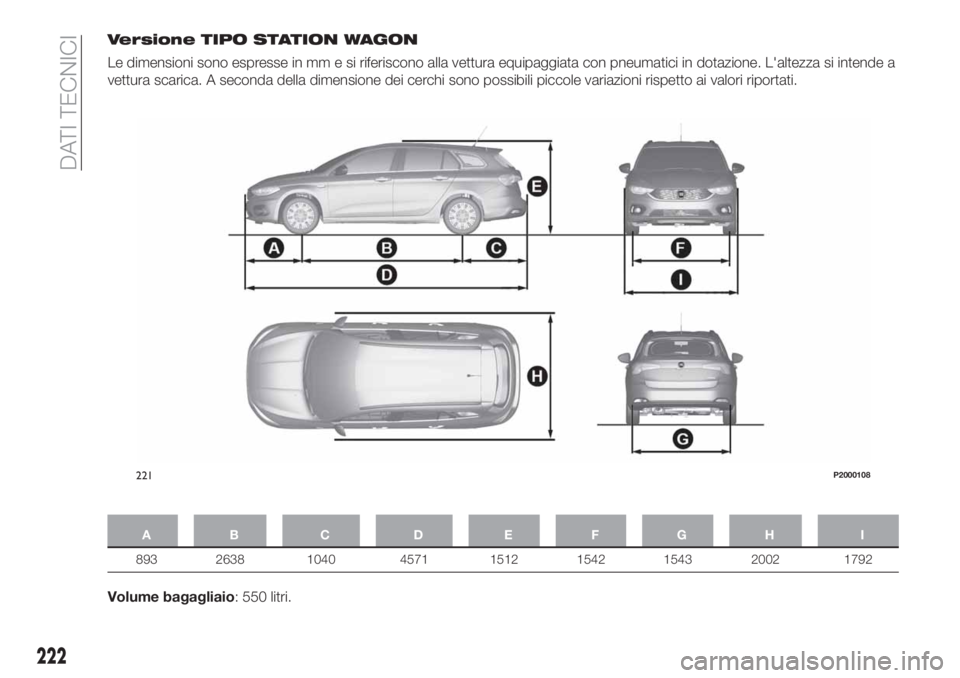 FIAT TIPO 5DOORS STATION WAGON 2018  Libretto Uso Manutenzione (in Italian) Versione TIPO STATION WAGON
Le dimensioni sono espresse in mm e si riferiscono alla vettura equipaggiata con pneumatici in dotazione. L'altezza si intende a
vettura scarica. A seconda della dimens
