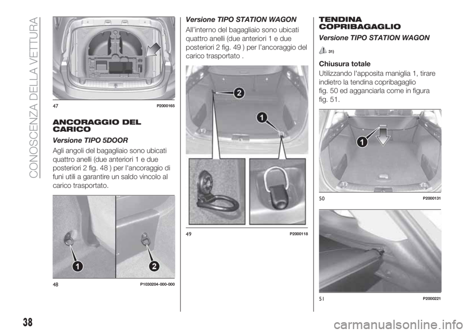 FIAT TIPO 5DOORS STATION WAGON 2020  Libretto Uso Manutenzione (in Italian) ANCORAGGIO DEL
CARICO
Versione TIPO 5DOOR
Agli angoli del bagagliaio sono ubicati
quattro anelli (due anteriori1edue
posteriori 2 fig. 48 ) per l'ancoraggio di
funi utili a garantire un saldo vinc