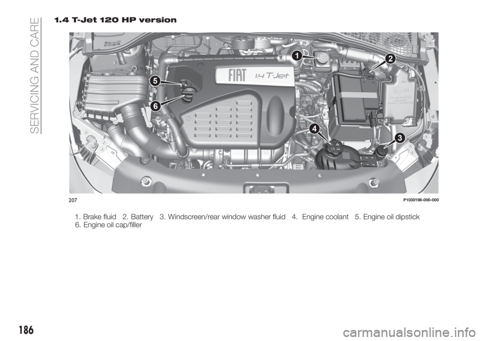 FIAT TIPO 5DOORS STATION WAGON 2018  Owner handbook (in English) 1.4 T-Jet 120 HP version
207P1030198-000-000
186
SERVICING AND CARE
1. Brake fluid 2. Battery 3. Windscreen/rear window washer fluid 4. Engine coolant 5. Engine oil dipstick
6. Engine oil cap/filler 