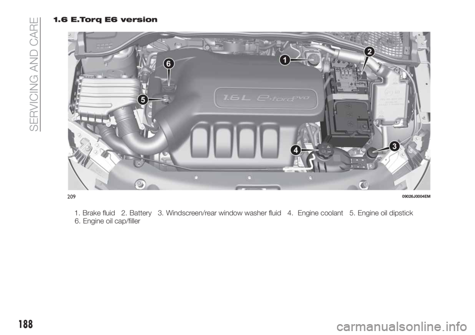 FIAT TIPO 5DOORS STATION WAGON 2018  Owner handbook (in English) 1.6 E.Torq E6 version
20909026J0004EM
188
SERVICING AND CARE
1. Brake fluid 2. Battery 3. Windscreen/rear window washer fluid 4. Engine coolant 5. Engine oil dipstick
6. Engine oil cap/filler 