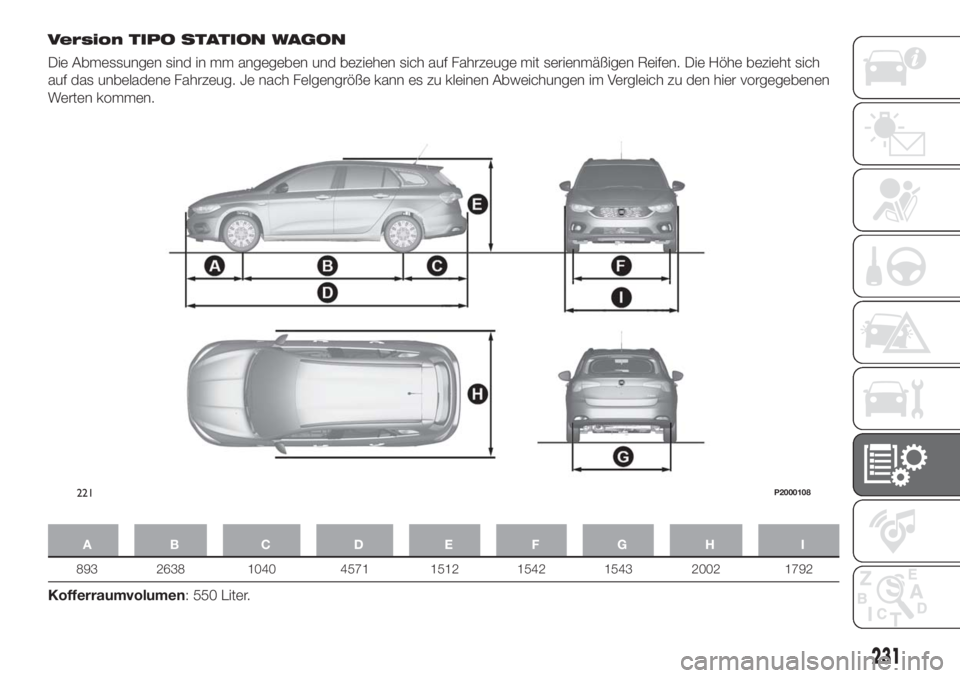FIAT TIPO 5DOORS STATION WAGON 2018  Betriebsanleitung (in German) Version TIPO STATION WAGON
Die Abmessungen sind in mm angegeben und beziehen sich auf Fahrzeuge mit serienmäßigen Reifen. Die Höhe bezieht sich
auf das unbeladene Fahrzeug. Je nach Felgengröße ka